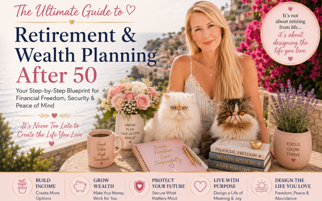 Woman building financial freedom after 50 with her Persian cats while planning retirement and long-term wealth from the South of France.