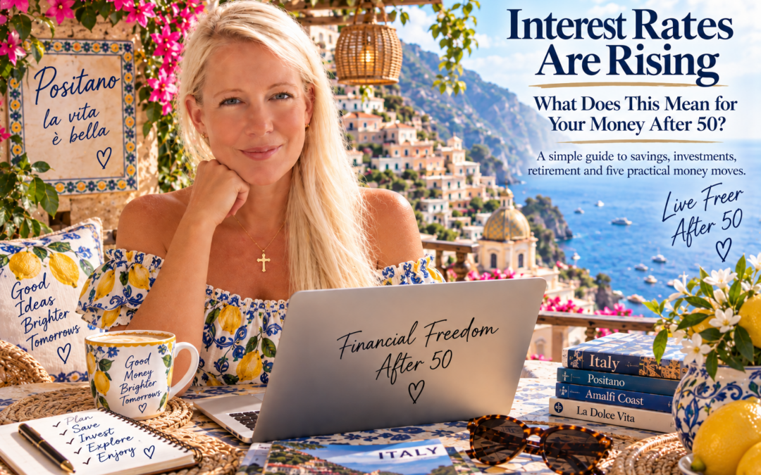 Kirsten working on a laptop on a sunny Positano terrace overlooking the Amalfi Coast.